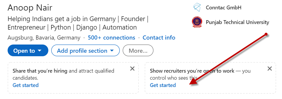 LinkedIn Profile Open to work badge