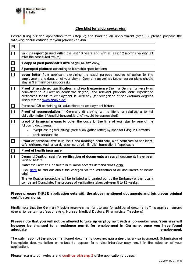 germany visit visa check list