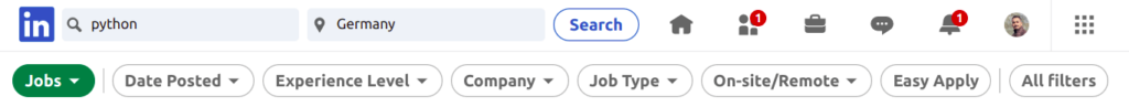 LinkedIn job search filter